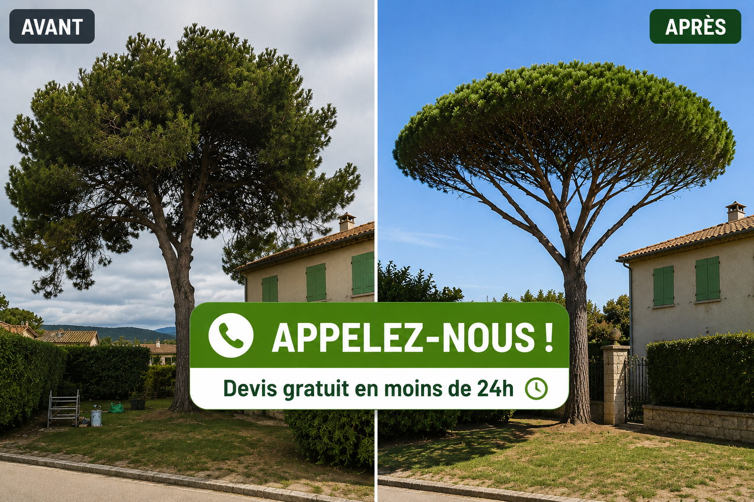 Comparatif avant / après l'élagage d'un pin parasol devant une maison à Draguignan : à gauche, un arbre à la silhouette déséquilibrée avec une ramure dense et irrégulière ; à droite, le même pin après une taille professionnelle, présentant une forme harmonieuse, aérée et esthétique. Un bouton central invite à appeler pour obtenir un devis gratuit en moins de 24 heures.